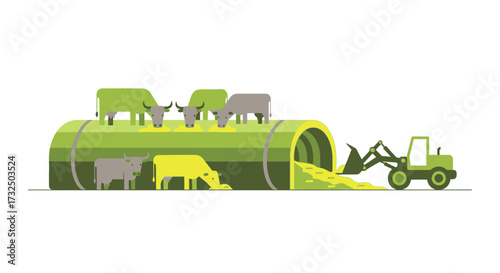 Stylized agricultural scene with livestock and farm machinery vector illustration