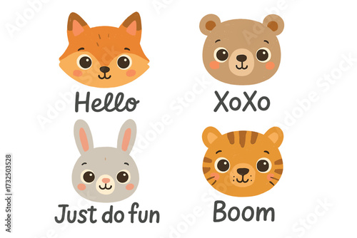 Cute cartoon animal faces set. Fox, bear, rabbit, tiger heads collection with lettering quotes. Hand drawn vector character illustration for kids, nursery decor, baby shower.