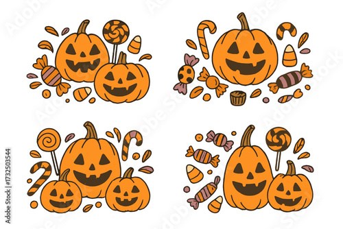 Halloween vector set with hand drawn jack o'lantern pumpkins and candy. Cute cartoon illustration collection for party invitation. Spooky trick or treat and autumn holiday design.
