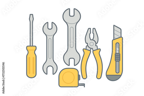 Diverse collection of essential hand tools including wrenches, screwdriver, pliers, and utility knife for repair and construction tasks