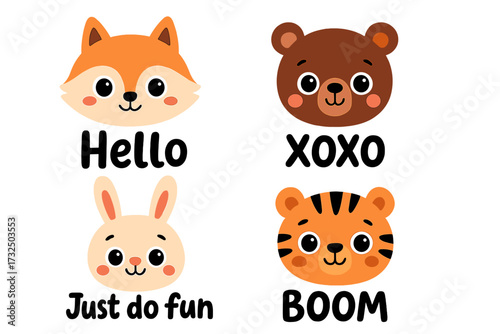 Cute animal heads set with lettering. Kawaii cartoon fox, bear, tiger, rabbit faces with quotes. Vector illustration for kids, baby shower, nursery decor. Hand drawn characters.