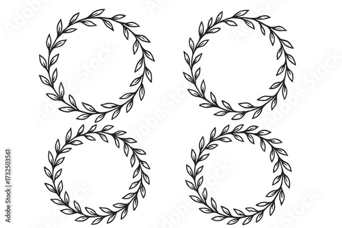 Set of doodle floral line leaf branches circle frames. Hand drawn sketch illustration vector. Elegant wreaths for wedding invitation, logo design. Botanical rustic border set.