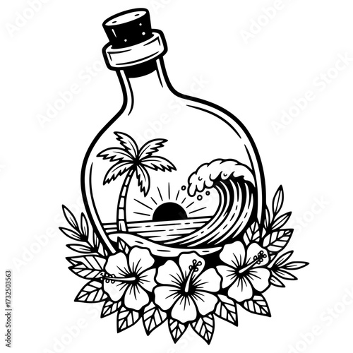 Tropical Beach Sunset in a Message Bottle with Flowers, beach, bottle, tropical, wave, vacation
