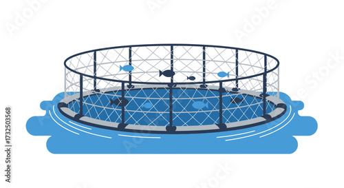 Stylized Fish Farm Illustration Depicting Sustainable Aquaculture Practices