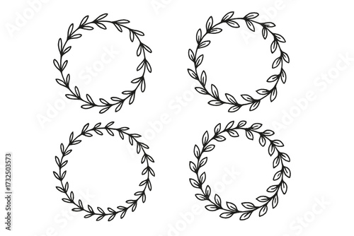 Set of hand drawn doodle floral wreaths and laurel circular frames. Botanical line art with leaf branches. Elegant minimalist sketch vector illustration for logo or invitation.
