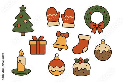 Collection of modern flat Christmas icons. Vector illustration set for winter holiday decoration. Festive symbols including xmas tree, gift, wreath, stocking, bell, and candle.