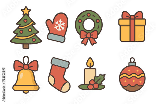 Christmas icons set vector illustration. Modern flat graphic design elements. Winter holiday and New Year symbols for decoration. Xmas collection with tree, gift, bell, wreath, stocking.