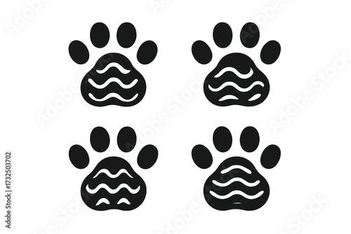 Paw print icon set with a sea wave pattern. Dog or cat footprint symbol. Concept for pet friendly beach, summer vacation with animals, swimming, veterinary clinic, or pet shop logo.
