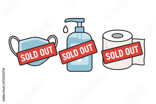 Shortage during Covid-19 pandemic. Panic buying, hoarding essentials concept. Face mask, hand sanitizer, and toilet paper sold out. Out of stock crisis illustration vector.