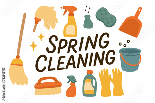 Spring Cleaning hand drawn lettering banner. House cleanup tools collection. Vector cartoon illustration set with broom, mop, detergent, spray, bucket. Household hygiene concept.