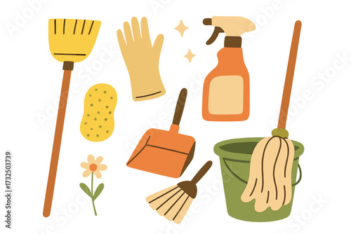 Spring cleaning vector set. House cleanup tools collection. Cartoon illustration with broom, mop, bucket, dustpan, glove, sponge, spray. Household chores and domestic work concept.