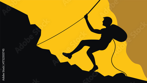 Silhouette of a Rock Climber Rappelling Down a Cliff Face with Rope