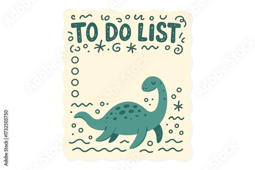Cute To Do List with doodle dinosaur. Funny weekly or daily planner, schedule, organizer for kids. Adorable Plesiosaur sea monster on a paper note. Vector checklist template.