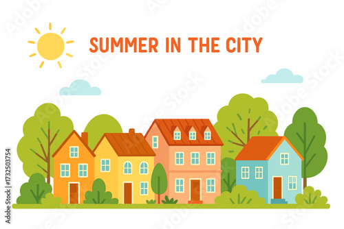 Summer city street flat vector background. Colorful cityscape with cozy houses and green trees. Sunny day urban landscape. Real estate neighborhood banner with copy space.