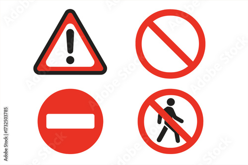 Road signs vector icon set. Warning, danger, and attention symbol. Red prohibition, no entry, and no pedestrians signs. Forbidden and stop concept for traffic regulation and safety.