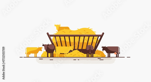 Stylized vector illustration depicting cows feeding from a hay feeder