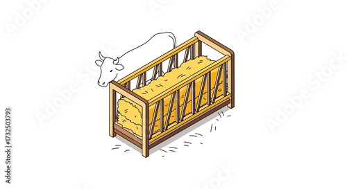 Stylized vector illustration of a cow eating hay from a feeder isolated
