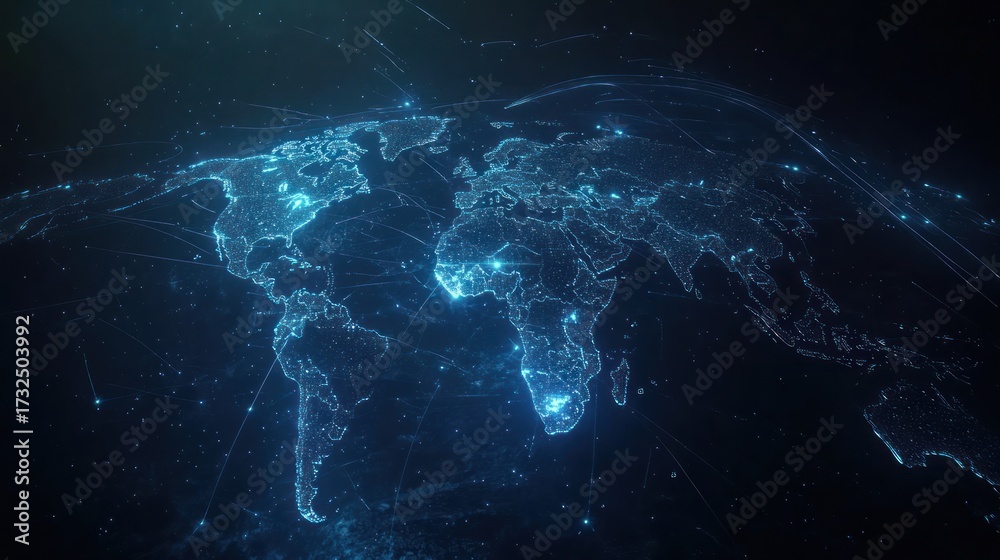Obraz premium Abstract digital map of world with glowing connection points on dark background