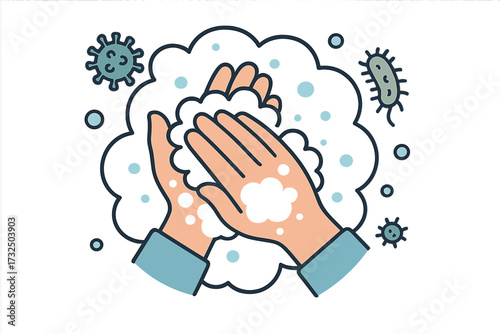 Washing hands with soap for hygiene. Hand washing for virus and bacteria prevention. Disinfection and cleaning concept to kill germs like coronavirus. Flat vector illustration.