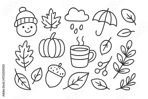 Vector linear doodle illustrations of autumn. Hello autumn set with minimalist decor elements. Hand drawn collection with pumpkin, leaves, acorn, mug, rain cloud, umbrella.