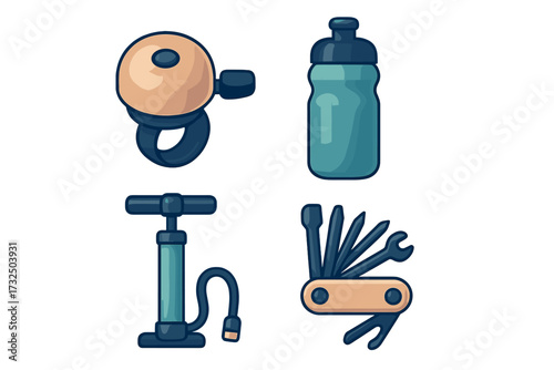 Essential bicycle accessories set featuring a classic bell, hydration water bottle, tire pump, and versatile multi-tool for cycling enthusiasts