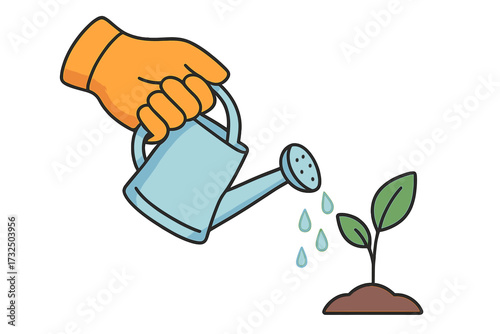 Hand in a glove watering a young plant sprout. Concept of new life, growth, gardening, and care. Nurturing a seedling. Metaphor for investment, startup, development. Vector.