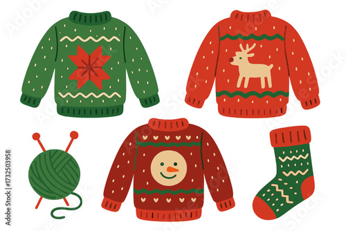 Vector set of cute ugly Christmas sweaters for a holiday party. Hand-drawn collection of knitted winter jumpers with snowman and reindeer. Red and green pullovers, sock, clew.