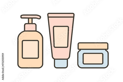 Beauty and personal care products assortment with lotion pump bottle, cream tube, and jar for skincare