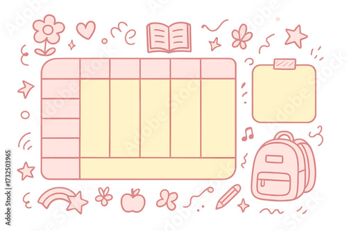 Cute weekly school planner for girls. Organizer and schedule template with empty notes. Vector illustration with doodle line art, backpack, book, and flowers for students.