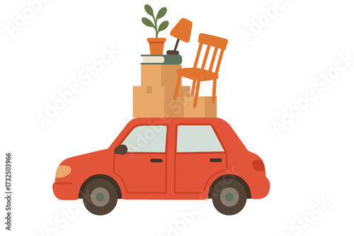 Moving day concept with red car loaded with belongings. Vehicle carrying boxes, furniture, plant, lamp for relocation. New home journey, starting fresh. Vector illustration.