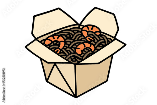 Wok box with shrimp and soba noodles. Traditional asian food for takeout and delivery. Chinese and Japanese cuisine concept. Fast food seafood meal in a carton package. Flat vector.
