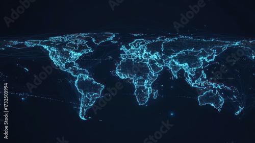 Digital world map glowing with data visualization on a dark background