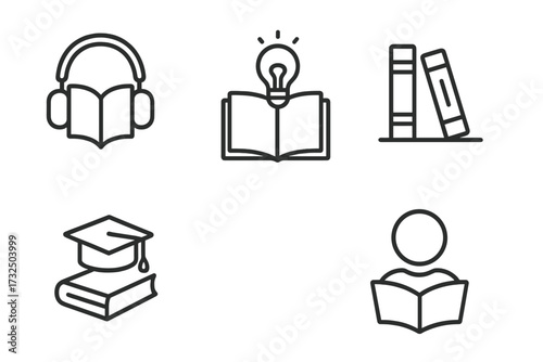 Education and knowledge vector icon set in line style. Simple outline symbols for learning, library, reading, audiobook. Includes graduation cap, idea lightbulb, reader pictogram.