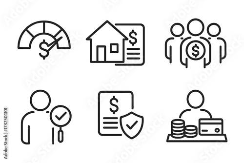 Credit rating and score web icons. Financial scoring, mortgage, money, guarantors. Auditor, collection, and banking symbols. Loan approval, credit history, and investment.