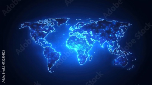 Glowing digital world map with bright neon blue light on dark background