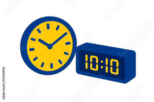 Classic yellow and blue analog clock face next to a modern digital alarm clock displaying the time on a white background