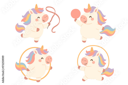 Set of cute baby unicorns doing rhythmic gymnastics. Cartoon pony characters with ribbon, ball, and hoop. Adorable mascot collection for kids sport or fantasy animal theme.