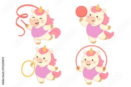 Set of cute unicorns in rhythmic gymnastics. Cartoon baby pony characters doing sports with ribbon, ball, hoop, skipping rope. Adorable kids mascot collection. Vector illustration.