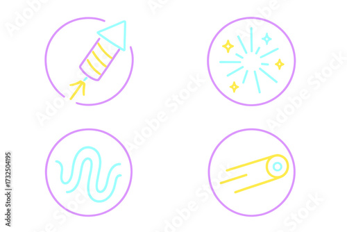 Modern neon outline icons featuring celebration fireworks, space rockets, comets, and abstract wavy lines for digital design