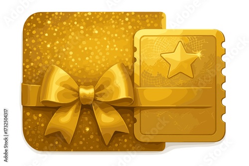 Golden gift card with glitter background and silk bow. Luxury gold ticket with star and guilloche watermark. Concept for VIP pass, voucher, award, or festival invitation.
