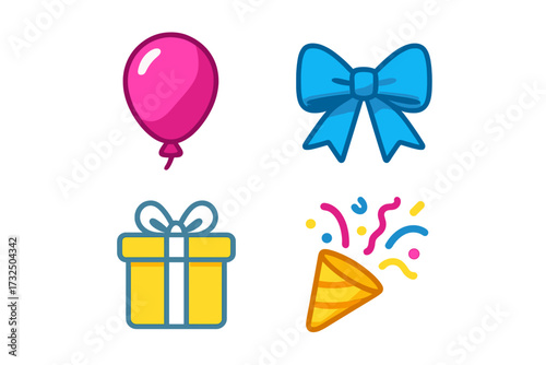 Vibrant collection of celebration items: pink balloon, blue bow, yellow gift box, and exploding party popper with confetti