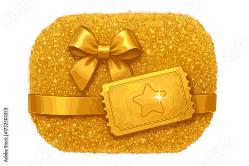 Golden ticket on a glitter background with a silk bow. VIP invitation for a party, festival or event. Luxury gift voucher, prize coupon, raffle win or a special award.
