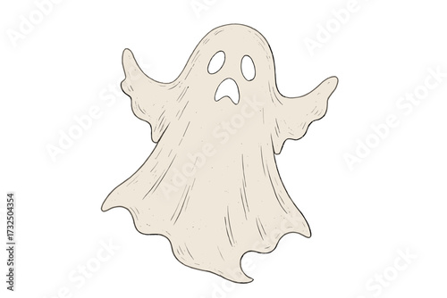 Flying ghost spirit vector illustration. Cute spooky character for Halloween greeting card or banner. Scary phantom monster shouting boo. Hand drawn cartoon of a supernatural soul.