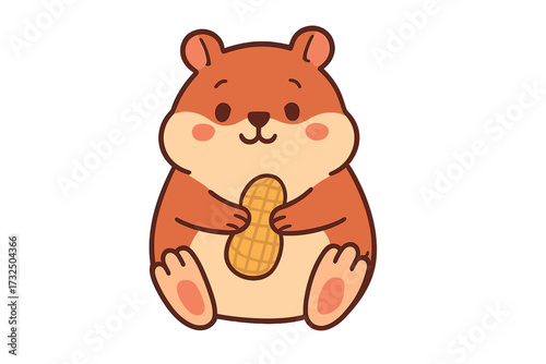 Cute cartoon hamster holding a peanut. Funny adorable rodent character. Flat vector illustration for kids, nursery decor, and print. Isolated animal mascot design on white background.