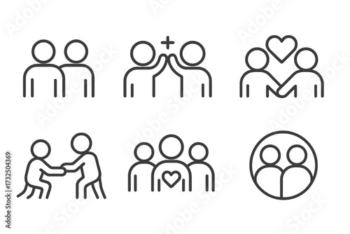 Friendship and relationship line icon set. Concepts of community, teamwork, support, and social connection. Vector pictograms of friends, love, help, unity, and partnership.