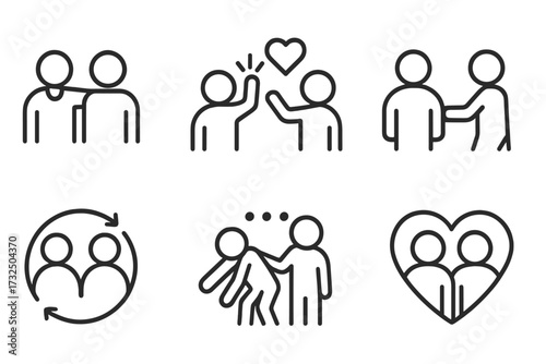 Friendship icon set. Metaphor for interaction, relationship, mutual assistance, support, empathy. Buddy, teamwork, social responsibility concept. Line pictogram collection. Love.