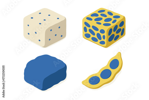 Collection of stylized abstract geometric and organic shapes featuring blue dots and ovals on a clean white background with textured appearance