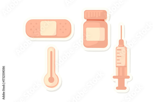 Set of common medical and healthcare tools: adhesive bandage, medication bottle, thermometer, and syringe