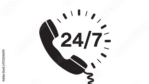 Vector art of 247 phone support icon with a handset and radiating lines