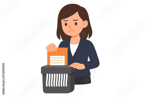Unhappy office worker shredding documents. Stressed businesswoman destroying confidential files in a paper shredder. Concept of data security, privacy, and information disposal.
